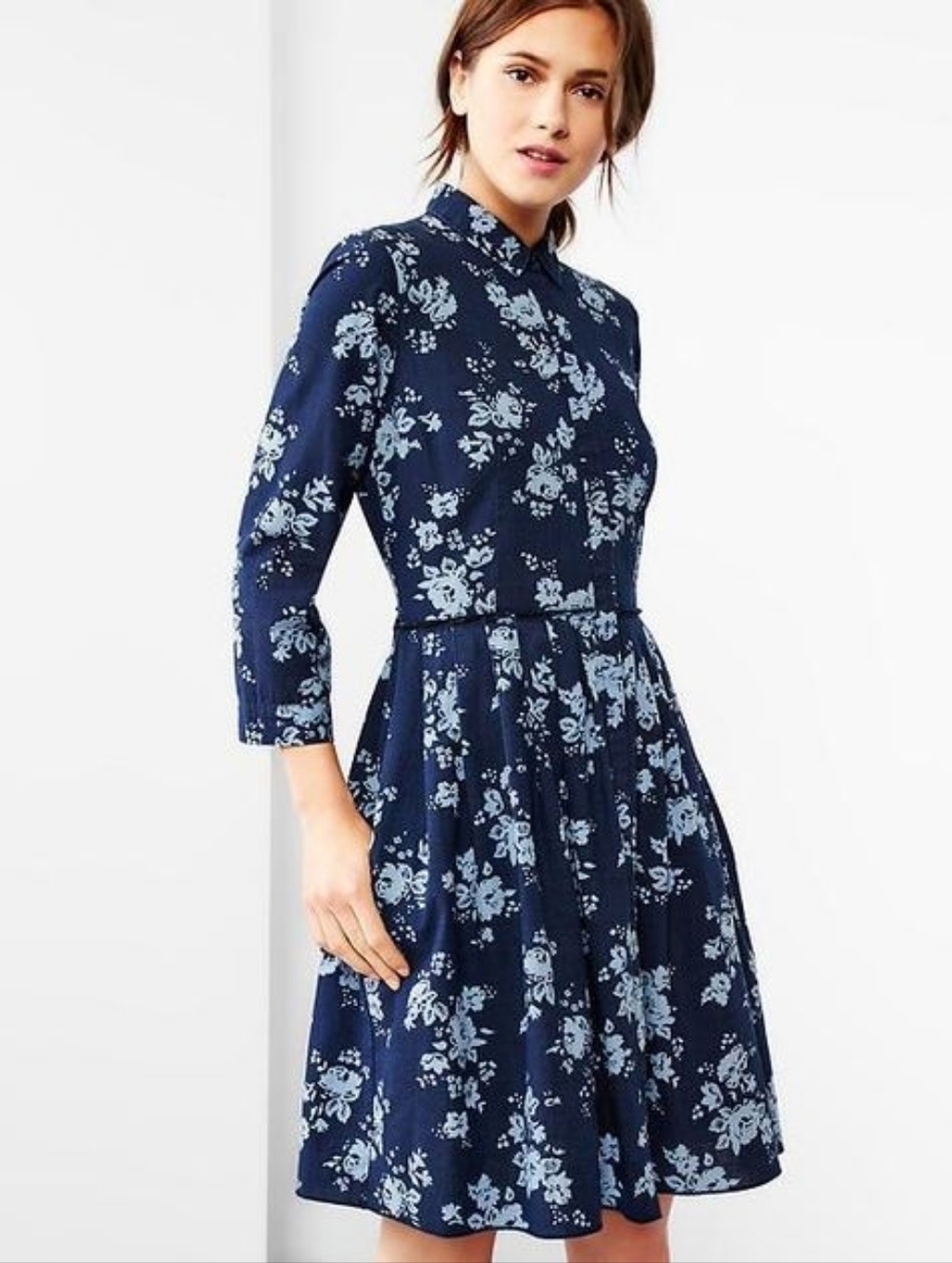 Gap Rose Floral Print Fit and Flare Blue Denim Dress